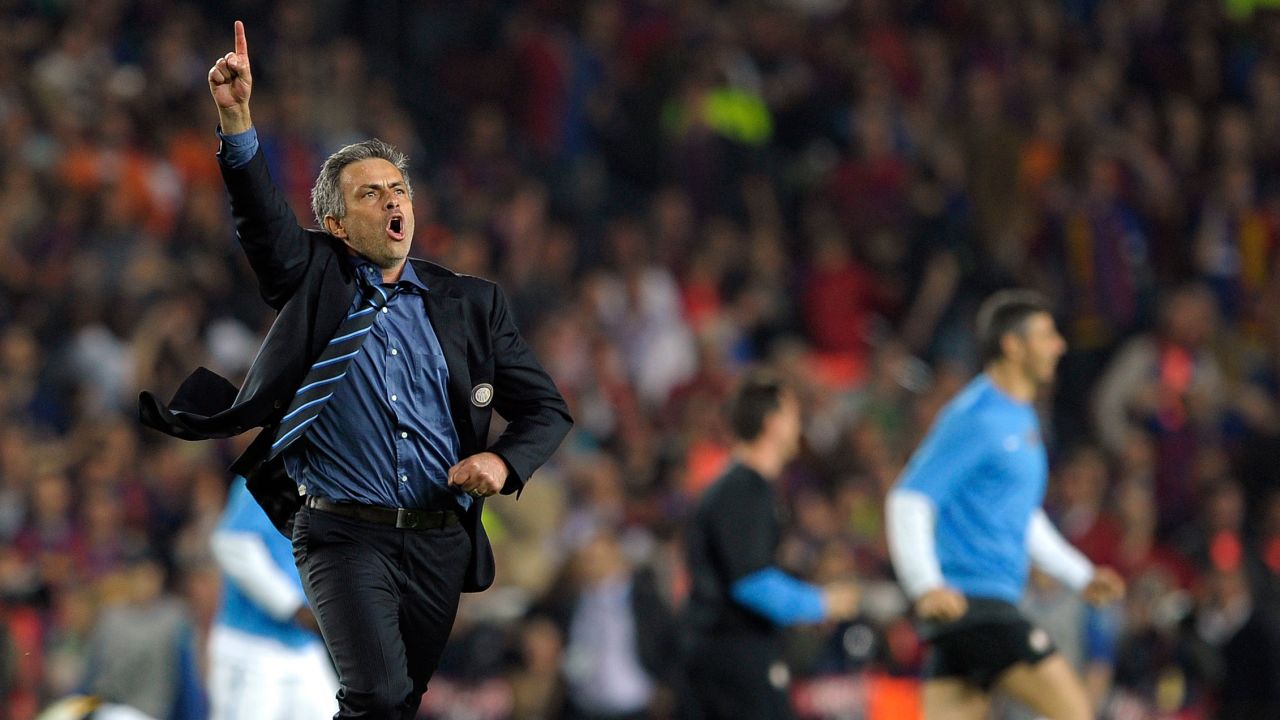 Jose Mourinho ran across the Camp Nou pitch with his finger aloft after beating Barcelona in the 2009-10 Champions League semi-finals as manager of Inter Milan.