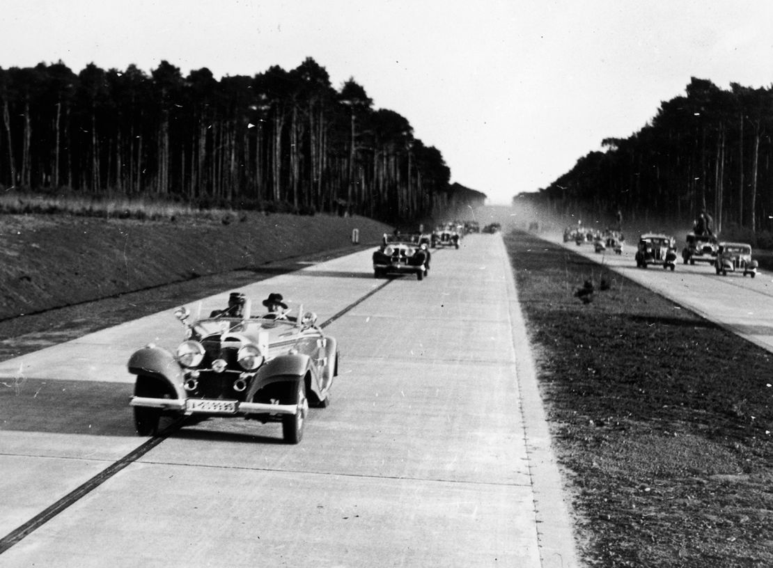 German drivers test out the new autobahn linking Frankfurt and Mannheim in the 1930s.   