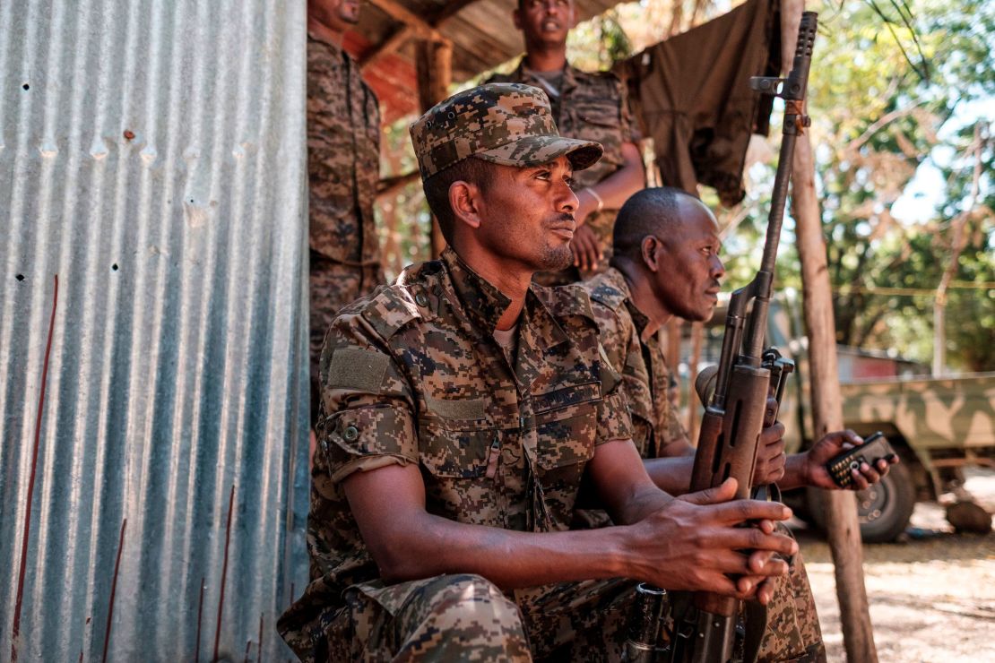 Ethiopian soldiers rest in Dansha, Ethiopia, on November 25, 2020. 