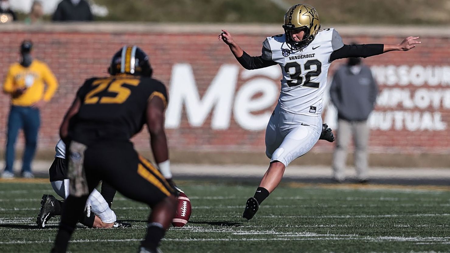 Sarah Fuller, #32 of the Vanderbilt Commodores, makes history on Saturday with second-half kickoff against the Mizzou Tigers at Memorial Stadium in Columbia, Missouri. 
