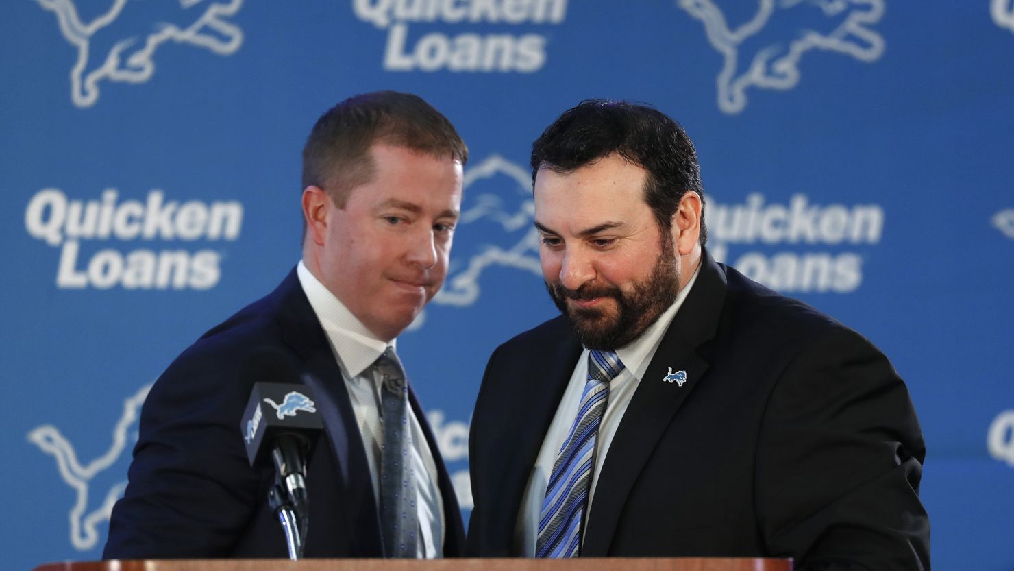 The Detroit Lions have fired head coach Matt Patricia, right, and general manager Bob Quinn, left. The two men are shown here in a 2018 file photo.
