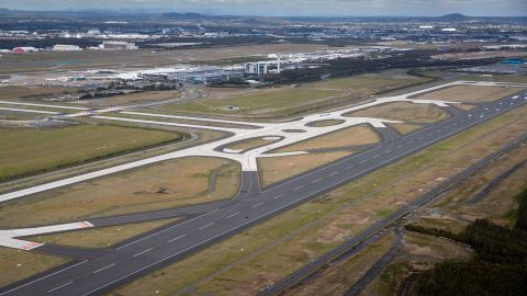 An aerial view of Brisbane Airport.