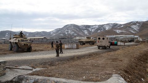 Security personnel patrol after a car bomb struck an army base on the outskirts of Ghazni province on November 29, 2020. 