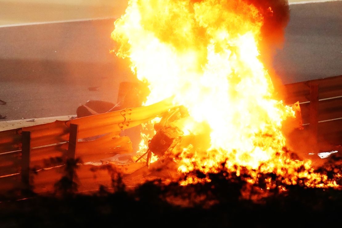 A fire is pictured following Romain Grosjean's crash. 