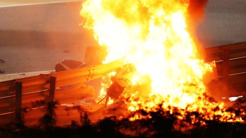 BAHRAIN, BAHRAIN - NOVEMBER 29: A fire is pictured following the crash of Romain Grosjean of France and Haas F1 during the F1 Grand Prix of Bahrain at Bahrain International Circuit on November 29, 2020 in Bahrain, Bahrain. (Photo by Bryn Lennon/Getty Images)