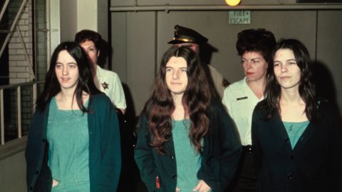 Manson family members and murder suspects Susan Atkins, Patricia Krenwinkle, and Leslie van Houton.