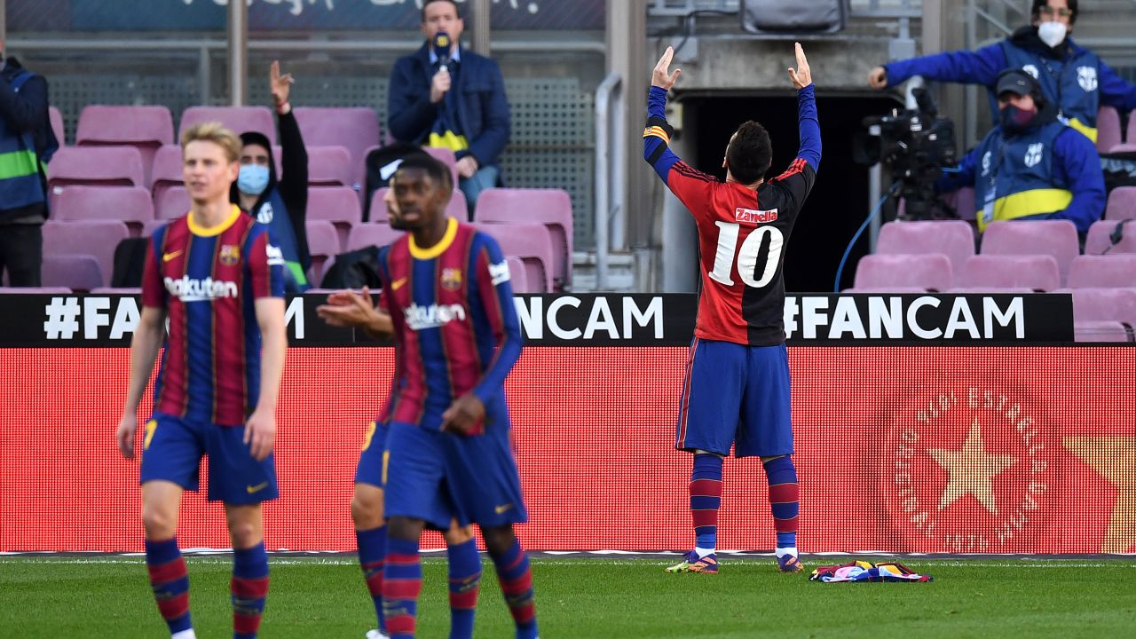 Lionel Messi celebrates after scoring in memory Diego Maradona.