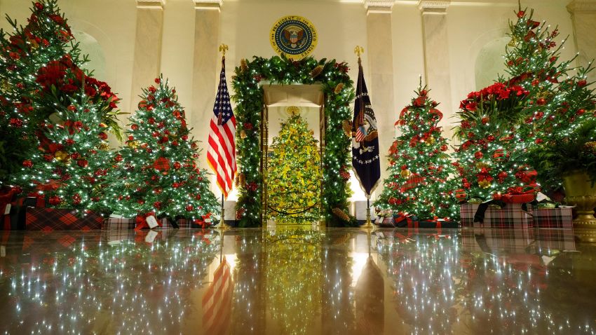 Christmas decorations are on display in the Cross Hall and Blue Room of the White House on November 30, 2020 in Washington, DC. This year's theme for the White House Christmas decorations is "America the Beautiful."