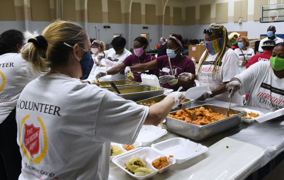 Volunteers prepare Thanksgiving meals at the Salvation Army in Orlando.