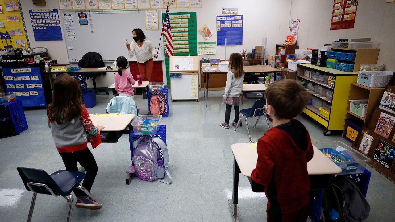 Teacher Ursula Dysthe instructs a kindergarten class at Lupine Hill Elementary School in Calabasas, California, one of the first elementary schools to open up in L.A. County on November 9.