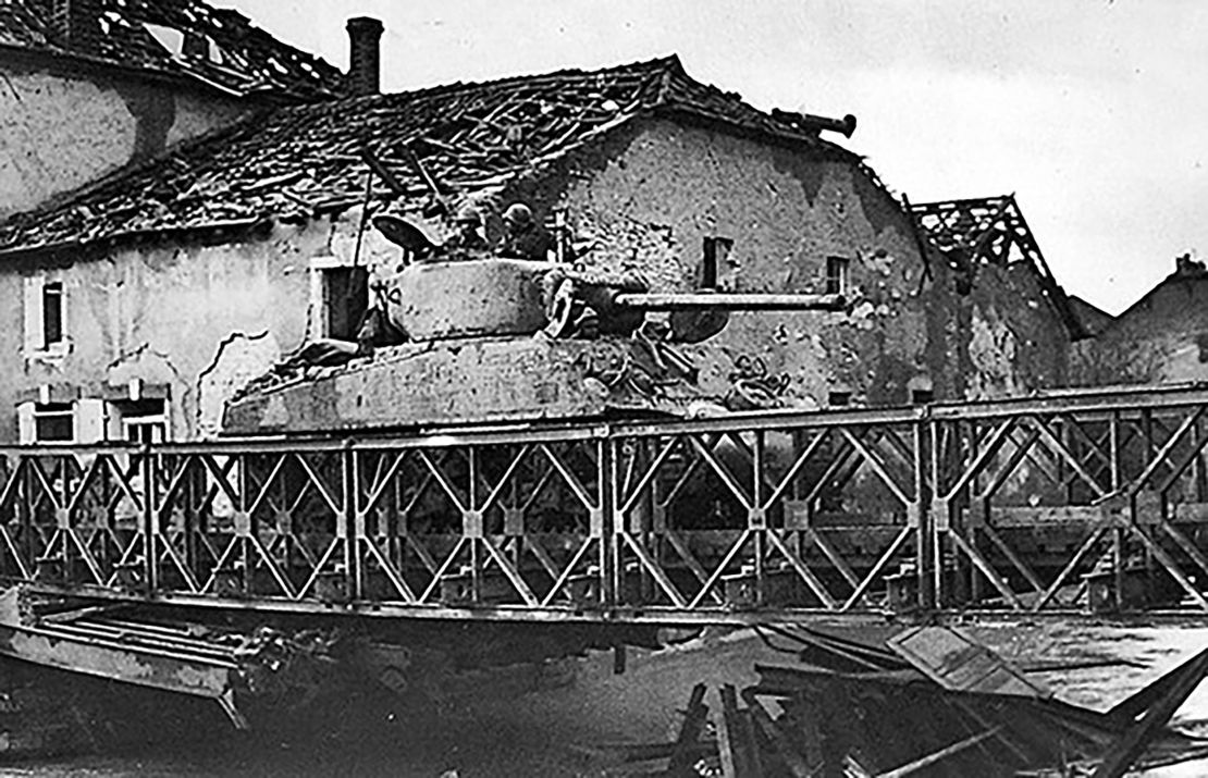 A tank from Able Company, 761st Tank Battalion, crosses the Seille River in France, Nov. 9, 1944, the unit's second of 183 days in combat. 