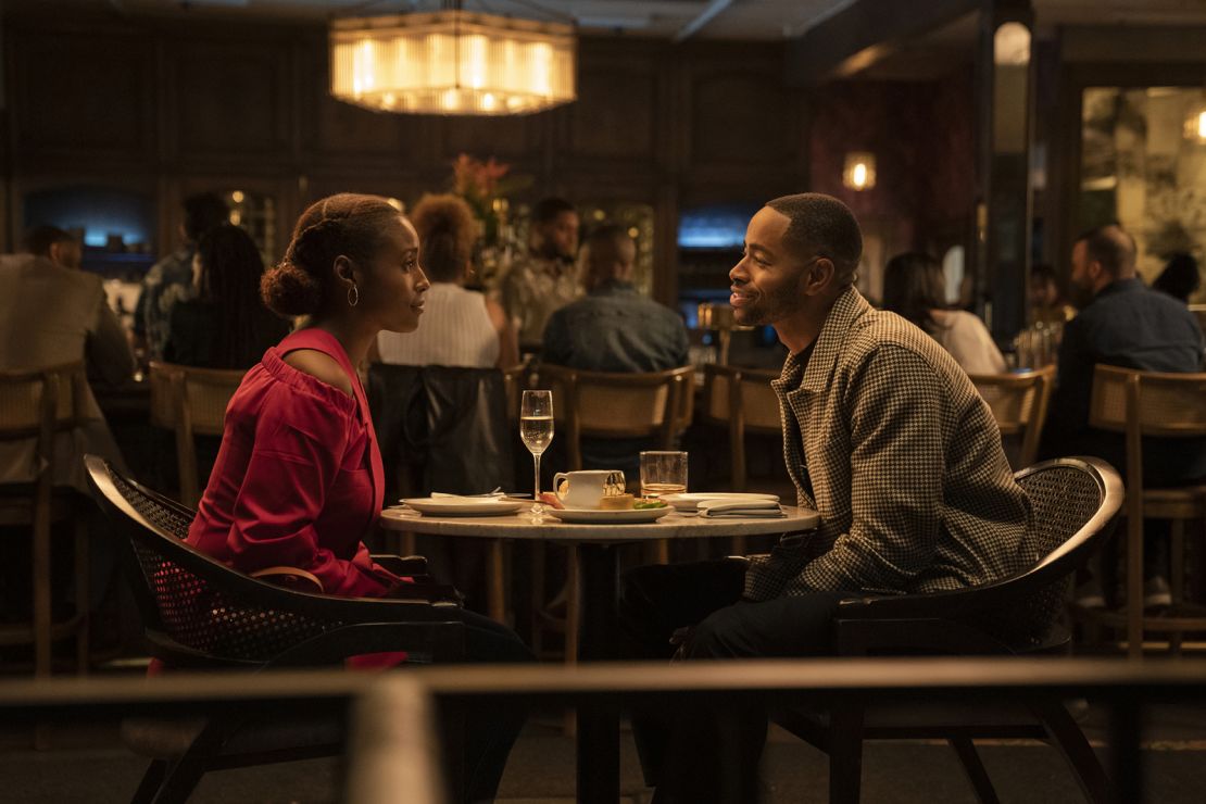 Issa Rae, left, and Jay Ellis in a scene from HBO's "Insecure."