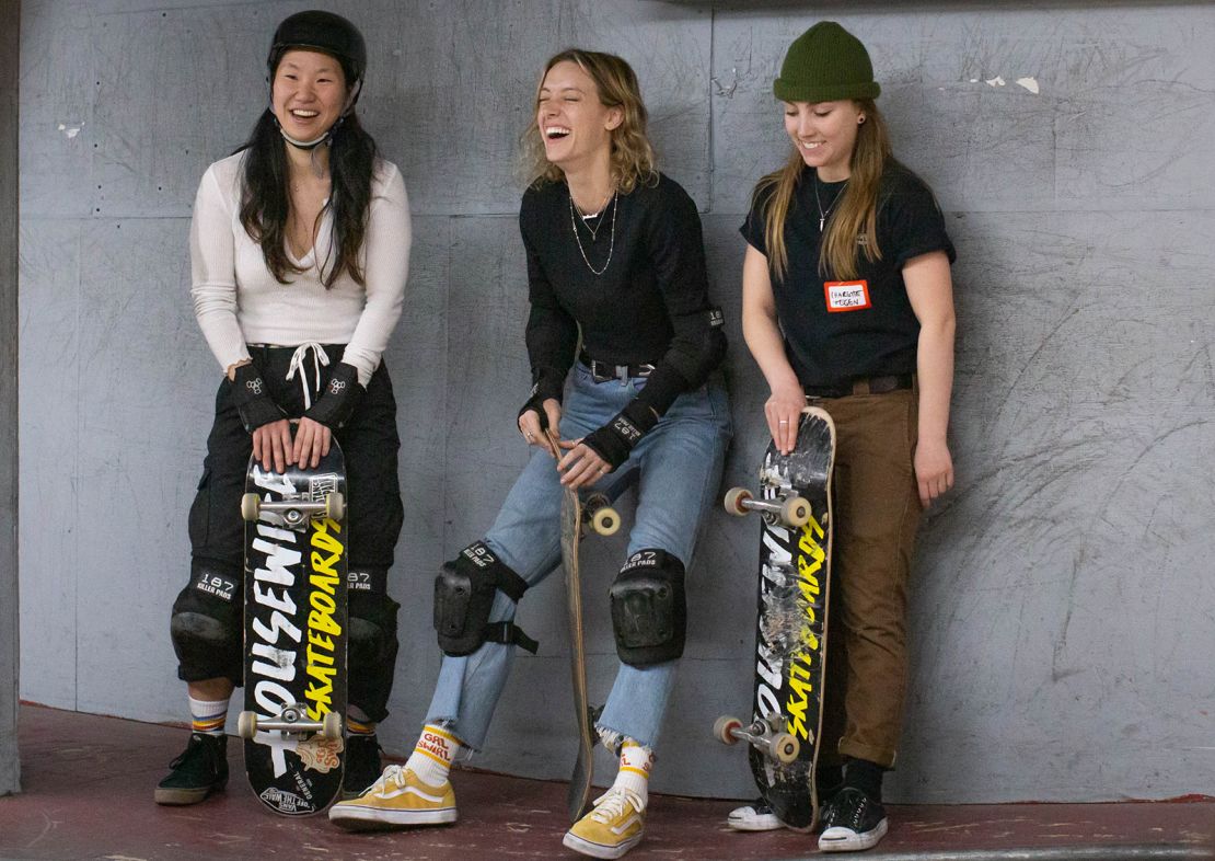 Skaters Kristen Noelle, Mary Chun and Charlotte Tegen at 2nd Nature Skate Park in Peekskill, New York.