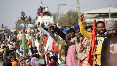 Farmers congregate during day five of the protest against the new farm reform laws at Singhu border on November 30, 2020 in New Delhi, India.
