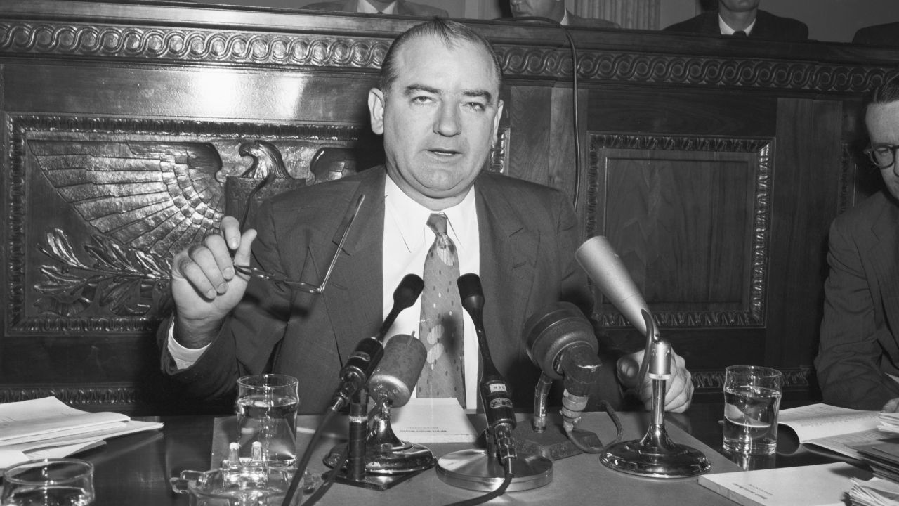 Sen. Joseph McCarthy questions Sen. Arthur V. Watkins (R-Utah) about a portion of the Special Senate Committee report recommending censure of the Wisconsin Republican. 