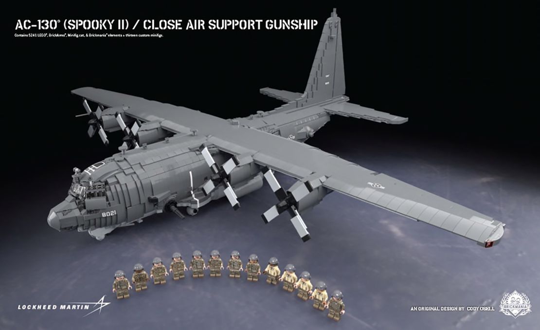 The AC-130 Spooky II gunship model, made using LEGO bricks and other aftermarket parts, from Brickmania Toyworks in Minneapolis.