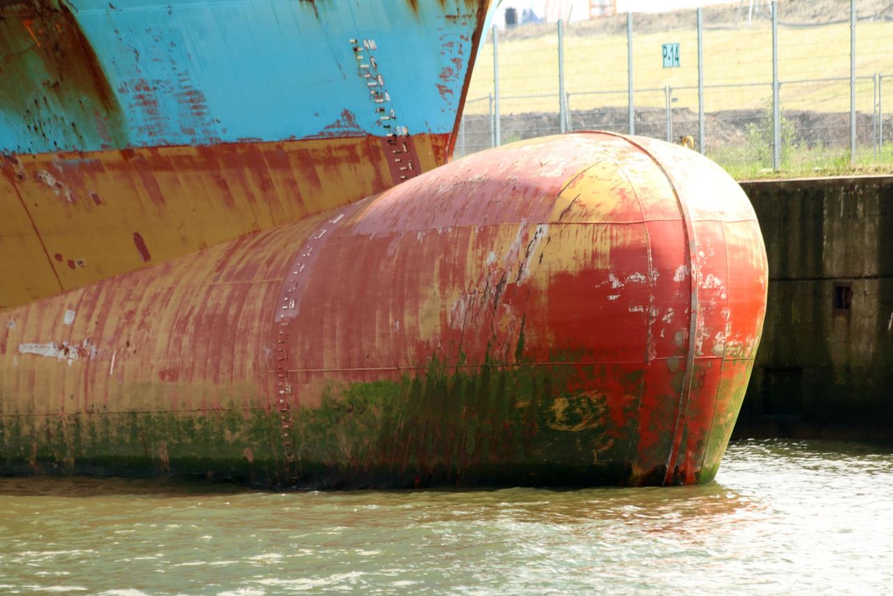 Biofouling is the buildup of marine life, such as barnacles, mussels, algae, and other organisms. Here a "slime" is shown on the hull of this ship.