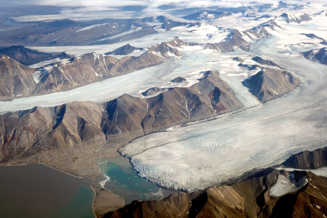 Melting glaciers are seen from a plane during a summer heat wave on Svalbard archipelago in Norway.