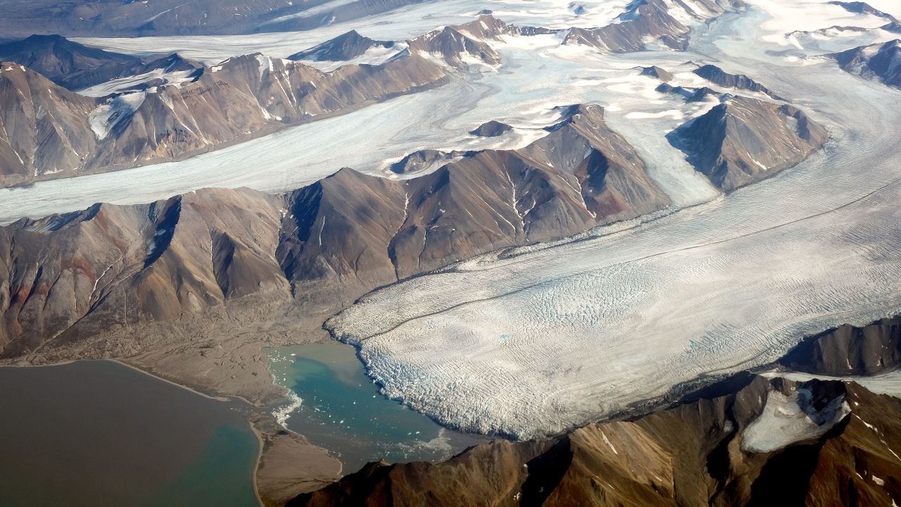 Melting glaciers are seen from a plane during a summer heat wave on Svalbard archipelago in Norway.