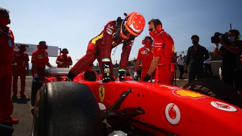 Mick Schumacher steps into his father's Ferrari F2004 before the F1 Grand Prix of Tuscany in September.