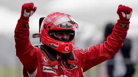 Michael Schumacher celebrates after winning the Chinese Grand Prix in October, 2006 in Shanghai.
