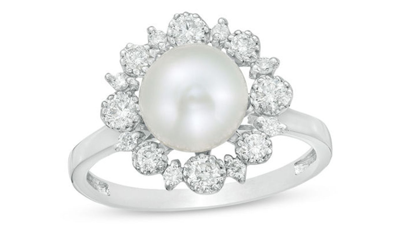 Cultured Freshwater Pearl and Diamond Sunburst Frame Ring