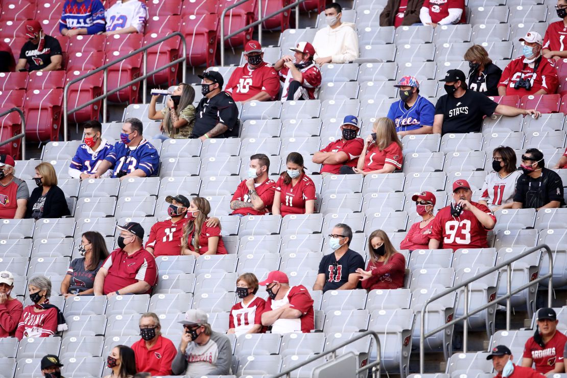 Fans, seated in separate groups because of the pandemic, watch the Buffalo Bills play the Arizona Cardinals at State Farm Stadium on November 15, 2020 in Glendale, Arizona. 
