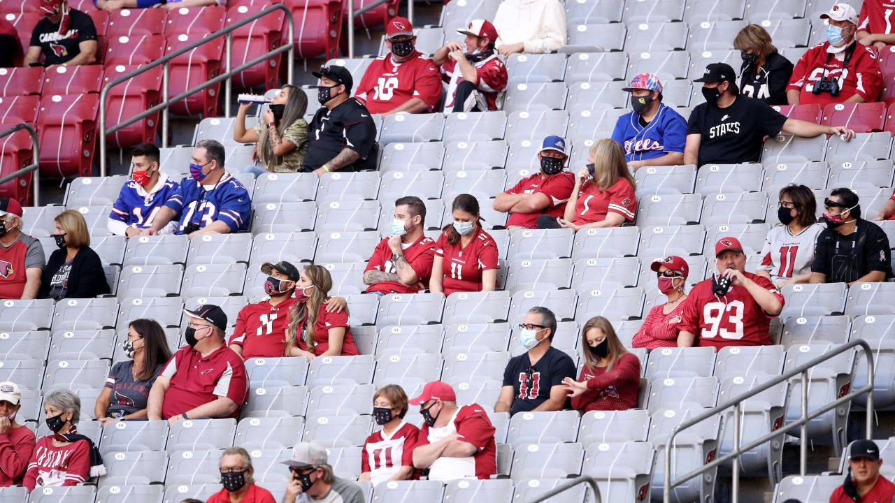 Fans, seated in separate groups because of the pandemic, watch the Buffalo Bills play the Arizona Cardinals at State Farm Stadium on November 15, 2020 in Glendale, Arizona.