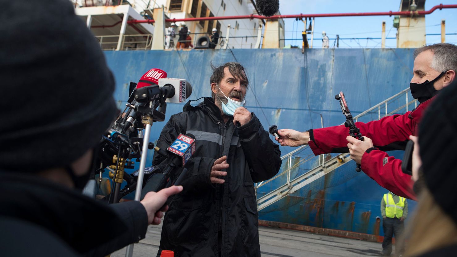 Stuart Bee speaks to the media after getting off the ship Angeles at the Port of Wilmington. 