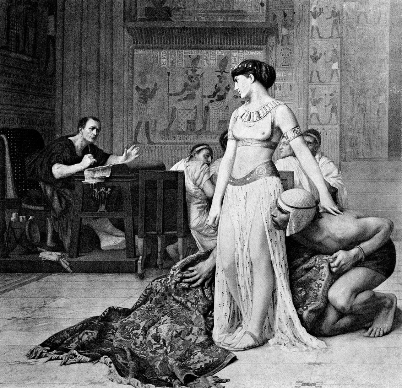 A 19th-century engraving shows Cleopatra surprising Julius Caeser at their first meeting.
