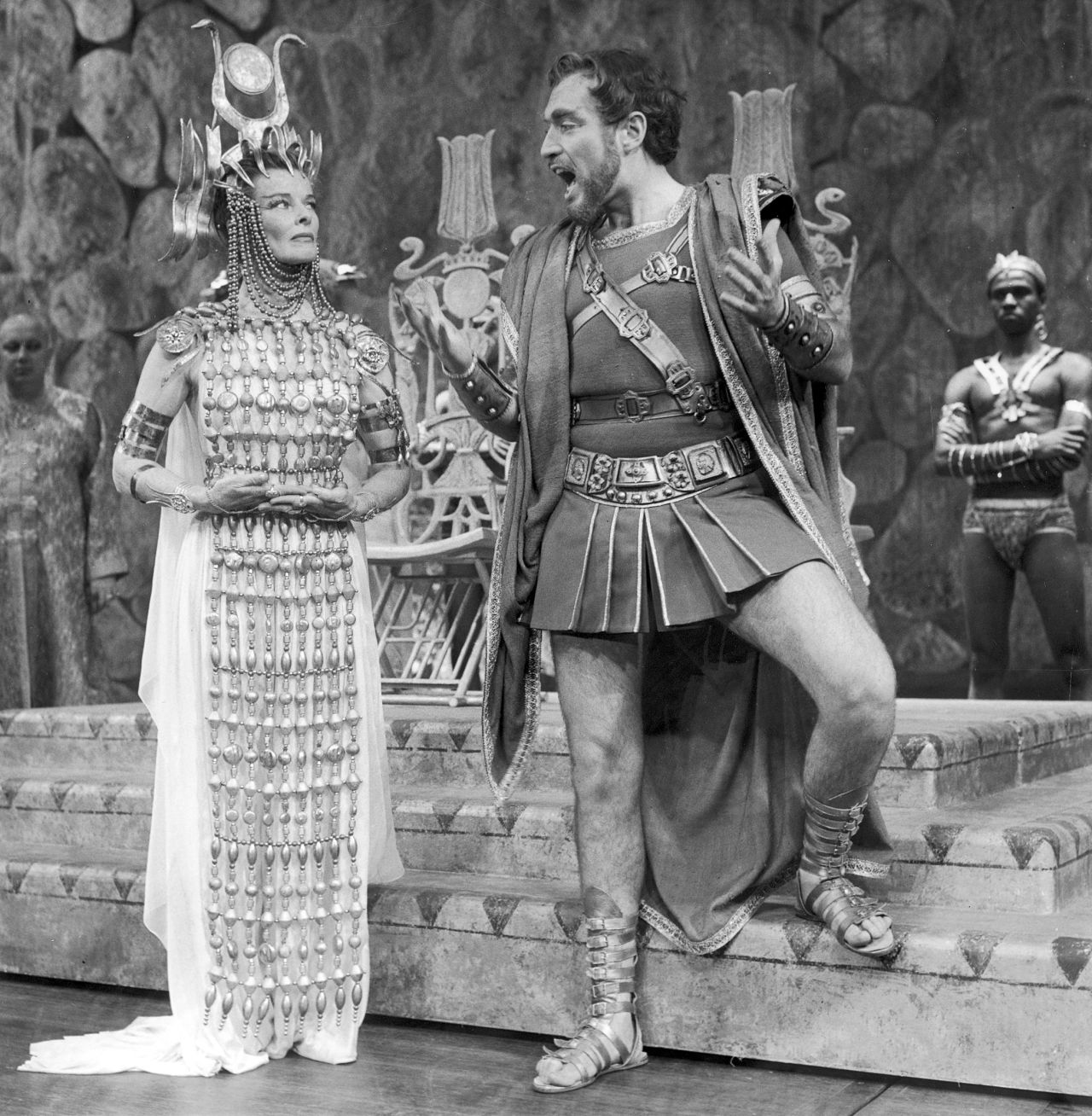Robert Ryan and Katharine Hepburn embracing in a scene from "Antony and Cleopatra" at the American Shakespeare Festival in 1960.