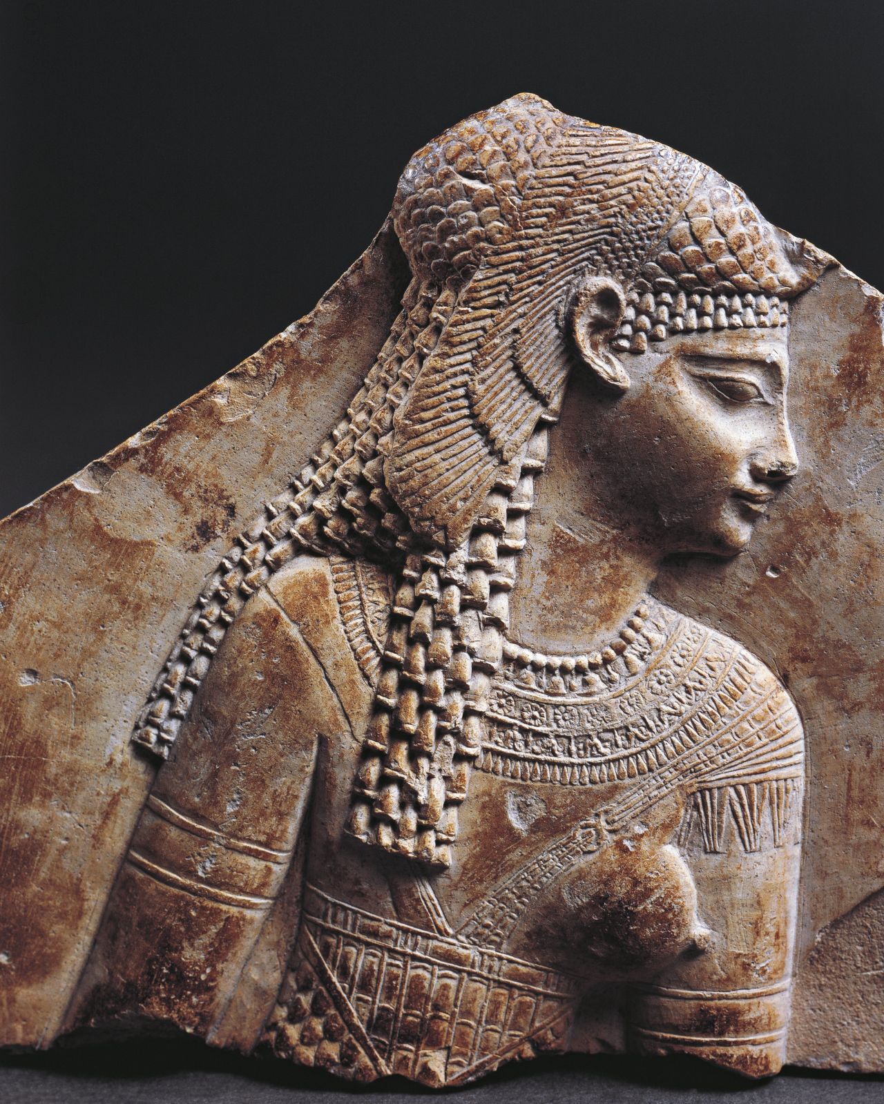 An Egyptian bas-relief fragment depicting Cleopatra from the Ptolemaic period. 