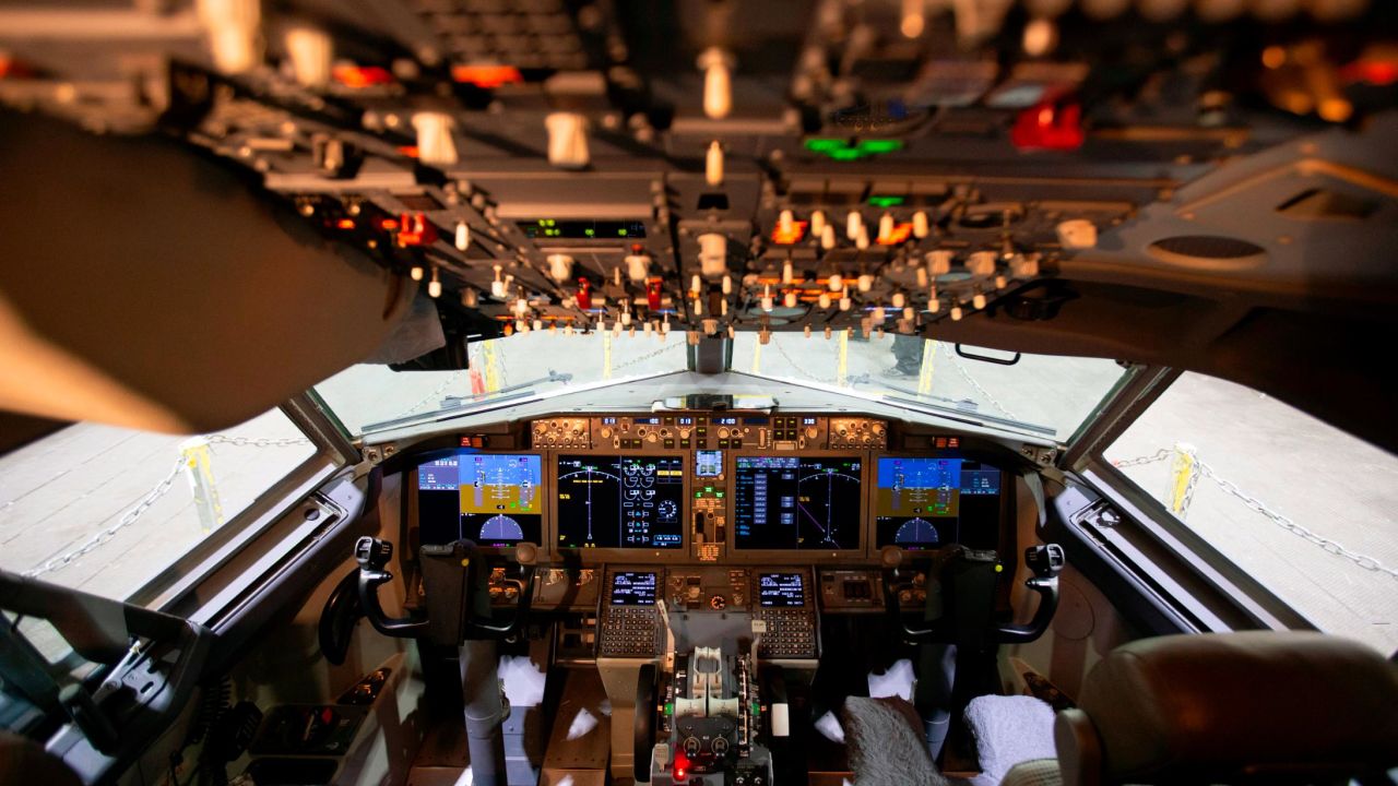 The flight deck of a 737 MAX at American's Tulsa Maintenance Base undergoing reactivation into service