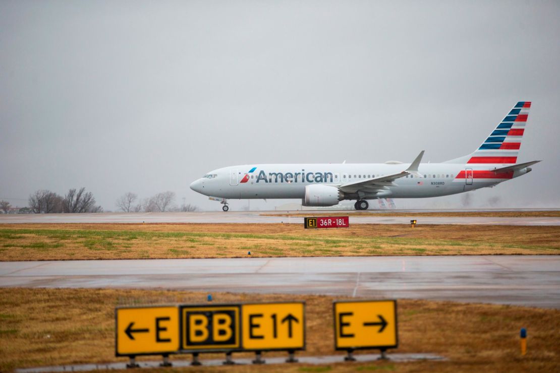 An American Airlines 737 Max on the runway in Tulsa on December 2, 2020.  