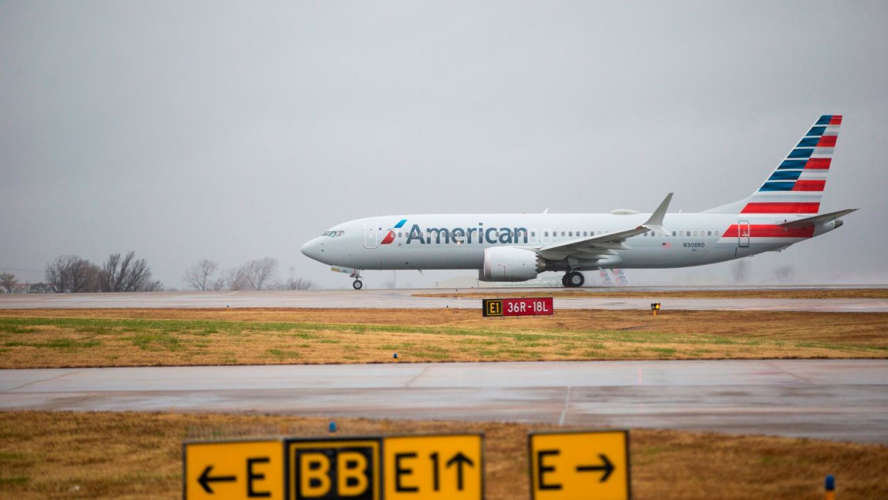 An American Airlines 737 Max on the runway in Tulsa on December 2, 2020.