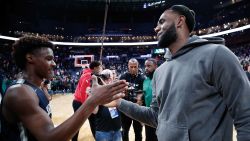 COLUMBUS, OH - DECEMBER 14: LeBron 'Bronny' James Jr. #0 of Sierra Canyon High School is greeted by his father LeBron James of the Los Angeles Lakers following the Ohio Scholastic Play-By-Play Classic against St. Vincent-St. Mary High School at Nationwide Arena on December 14, 2019 in Columbus, Ohio. (Photo by Joe Robbins/Getty Images)