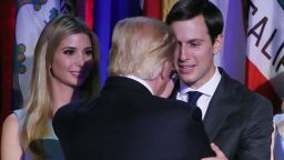 President-elect Donald Trump embraces son in law Jared Kushner (R), as his daughter Ivanka Trump, (L), stands nearby, after his acceptance speech at the New York Hilton Midtown in the early morning hours of November 9, 2016 in New York City.