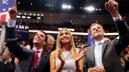 Donald Trump Jr. (L), along with Ivanka Trump (C) and Eric Trump (R), take part in the roll call in support of Republican presidential candidate Donald Trump on the second day of the Republican National Convention on July 19, 2016 in Cleveland, Ohio.