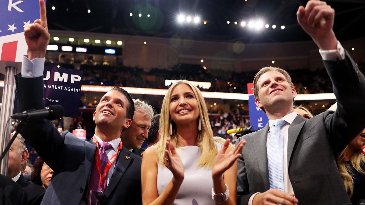 Donald Trump Jr., along with Ivanka Trump and Eric Trump, take part in the roll call in support of Republican presidential candidate Donald Trump during the Republican National Convention on July 19, 2016 in Cleveland, Ohio. 