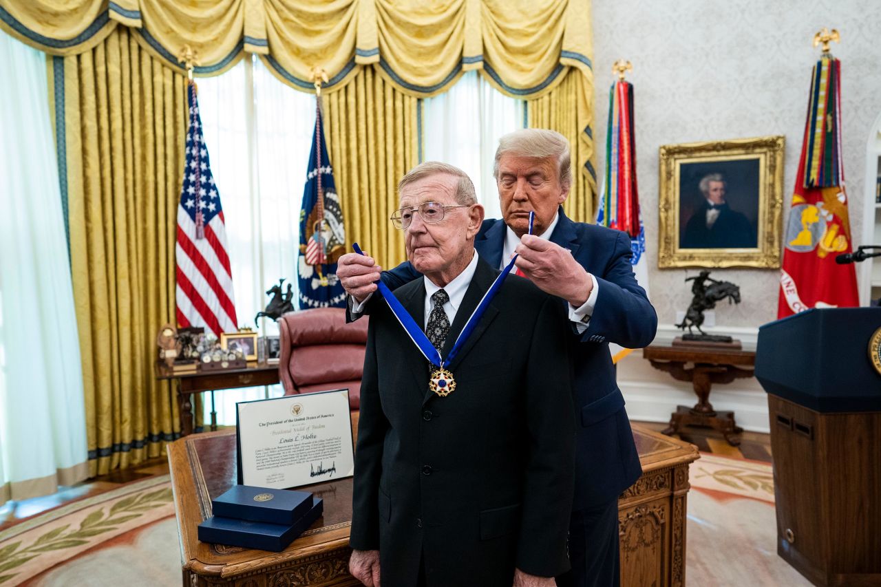 US President Donald Trump <a href="https://www.cnn.com/2020/12/03/politics/donald-trump-lou-holtz-medal-of-freedom/index.html" target="_blank">presents the Medal of Freedom,</a> the nation's highest civilian honor, to former football coach Lou Holtz on Thursday, December 3.