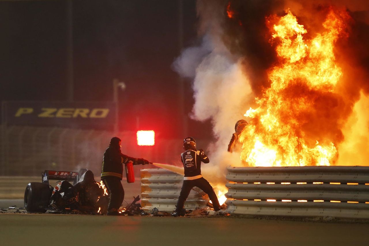 Formula One driver Romain Grosjean emerges from flames after he <a href="https://www.cnn.com/2020/11/29/motorsport/formula-one-crash-romain-grosjean-bahrain-grand-prix-spt-intl/index.html" target="_blank">crashed on the opening lap of the Bahrain Grand Prix</a> on Sunday, November 29. He suffered light burns on his hands and ankles.