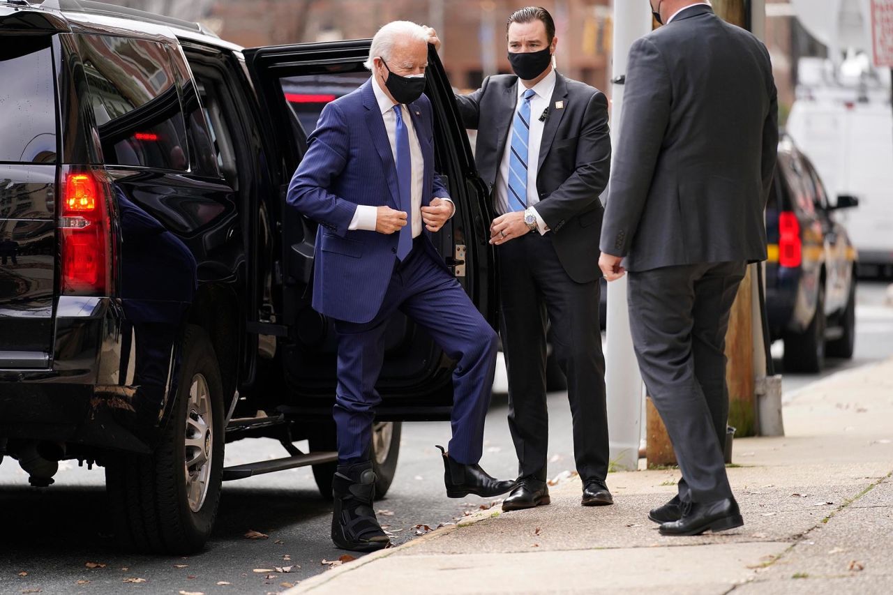 US President-elect Joe Biden wears a walking boot as he exits a vehicle in Wilmington, Delaware, on Tuesday, December 1. <a href="https://www.cnn.com/2020/11/29/politics/biden-twisted-ankle/index.html" target="_blank">He has hairline fractures in his foot</a> after he slipped while playing with his dog, Major.