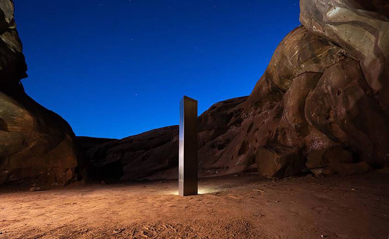 A metal monolith sits in a remote area of southeastern Utah on Friday, November 27. Officers from the Utah Department of Public Safety's Aero Bureau were flying by helicopter, helping the Division of Wildlife Resources count bighorn sheep, when they spotted <a href="https://www.cnn.com/style/article/utah-monolith-art-trnd/index.html" target="_blank">the mysterious monolith</a> that seemed right out of the film "2001: A Space Odyssey." Pilot Bret Hutchings believed it was most likely placed there by an artist. Days later, similar monoliths were found in <a href="https://www.cnn.com/travel/article/california-monolith-found-trnd/index.html" target="_blank">California</a> and Romania.