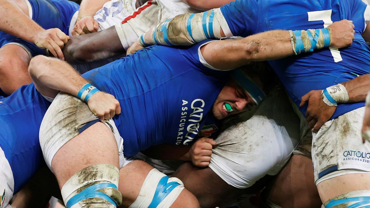 Italy's Niccole Cannone takes part in a rugby scrum against France on Saturday, November 28.