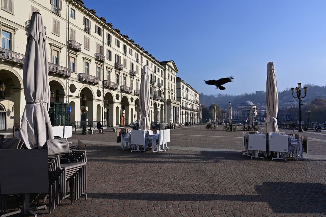 A closed cafe terrace on Piazza Vittorio Veneto in downtown Turin, Italy, in November.