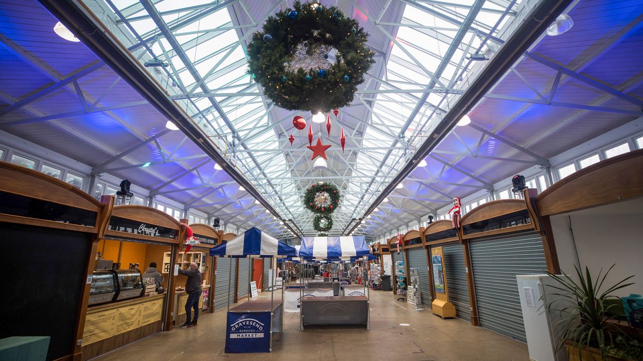 Closed stores in Borough market in Gravesend, England, on Wednesday, December 2 as a national lockdown came to an end but the Kent region remained under stringent restrictions.