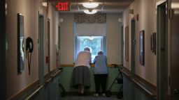 MARLBOROUGH, MA - AUGUST 26: Resident talk outside their rooms at St. Chretienne Retirement Residence, a home for Catholic nuns in Marlborough, MA on August 26, 2020. 