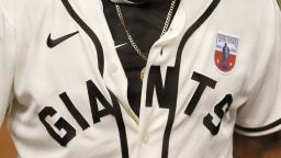 MIAMI, FLORIDA - AUGUST 16: A detail of the Miami Marlins uniform commemorating the Negro Leagues' 100th anniversary against the Atlanta Braves at Marlins Park on August 16, 2020 in Miami, Florida. (Photo by Michael Reaves/Getty Images)