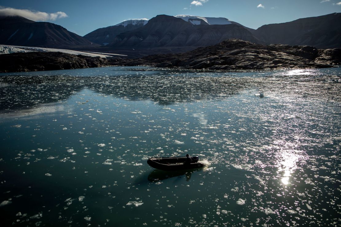 Ice melts near  Nordenskjodbreen glacier on the Norwegian Arctic Svalbard archipelago in August.