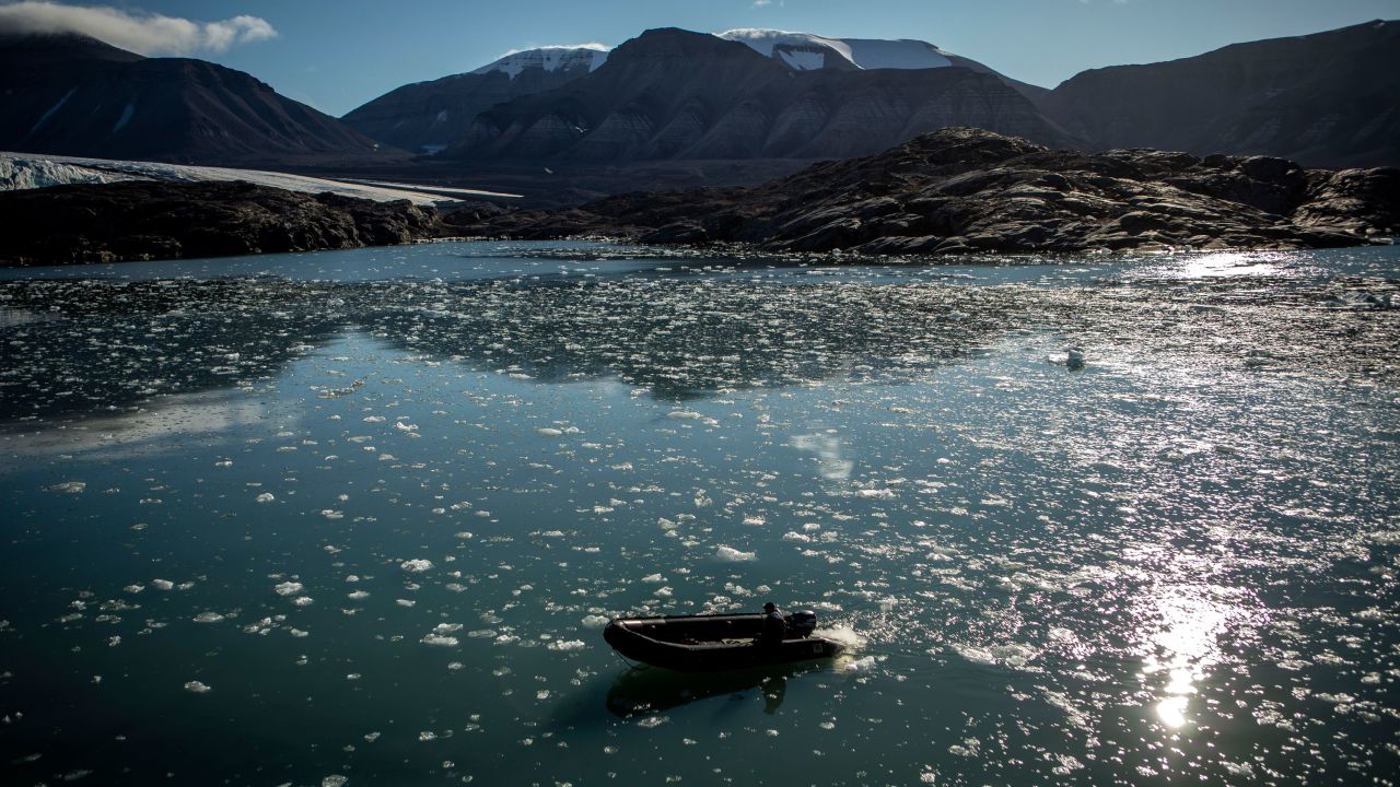 Ice melts near Nordenskjodbreen glacier on the Norwegian Arctic Svalbard archipelago in August.